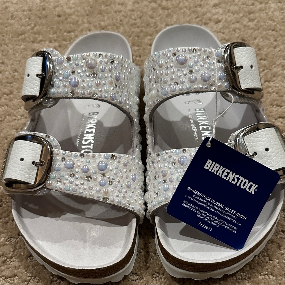 Birkenstock Customized Wedding Sandals in White with Pearl Accents